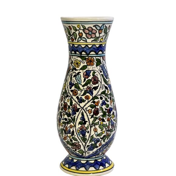 Israeli Pottery 12" Hand Painted Vibrant Glazed Floral Geometric Art Vase - Picture 3 of 8
